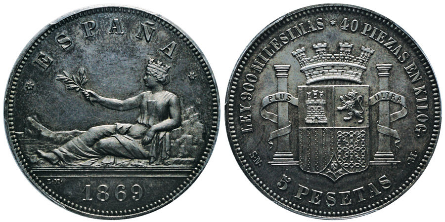 1869-5 Peseta PCGS SP64
